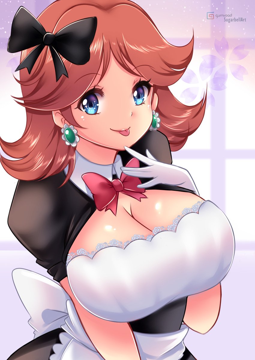 absurdres apron blue_eyes breasts cleavage cosplay earrings female flower_earrings grin highres jewelry large_breasts looking_at_viewer maid maid_apron mario_(series) nintendo princess_daisy ribbon shiny_skin smile solo standing sugarbell super_mario_land tomboy tongue tongue_out