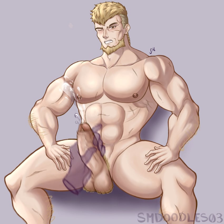 balls bara beard boner cum disembodied_hand erection facial_hair fire_emblem fire_emblem:_three_houses handjob jeralt_reus_eisner male male_only muscles muscular nintendo nude orgasm penis sitting smdoodles03