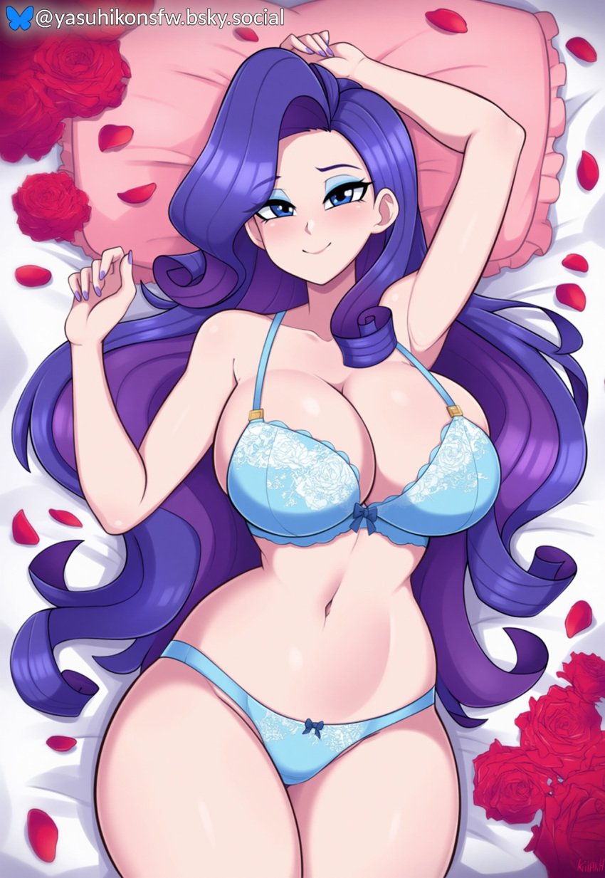 1girls ai_generated armpits bedroom_eyes big_breasts blue_eyes bluesky_logo bluesky_username bra bursting_breasts frilly_underwear from_above human large_breasts long_hair looking_at_viewer my_little_pony on_back on_bed one_arm_up panties pillow purple_hair rarity_(mlp) rose_(flower) rose_petals seductive seductive_eyes seductive_look seductive_smile solo underwear underwear_only yasuhikonsfw