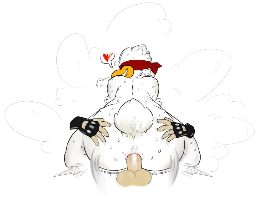 anal anal_sex anus ass avian balls beak big_butt bird chicken chicken_(nuclear_throne) clothing cowgirl_position drooling feathers gloves nuclear_throne on_top penetration penis saliva sex sharp_teeth slightly_chubby smile sweat teeth video_games woofacid