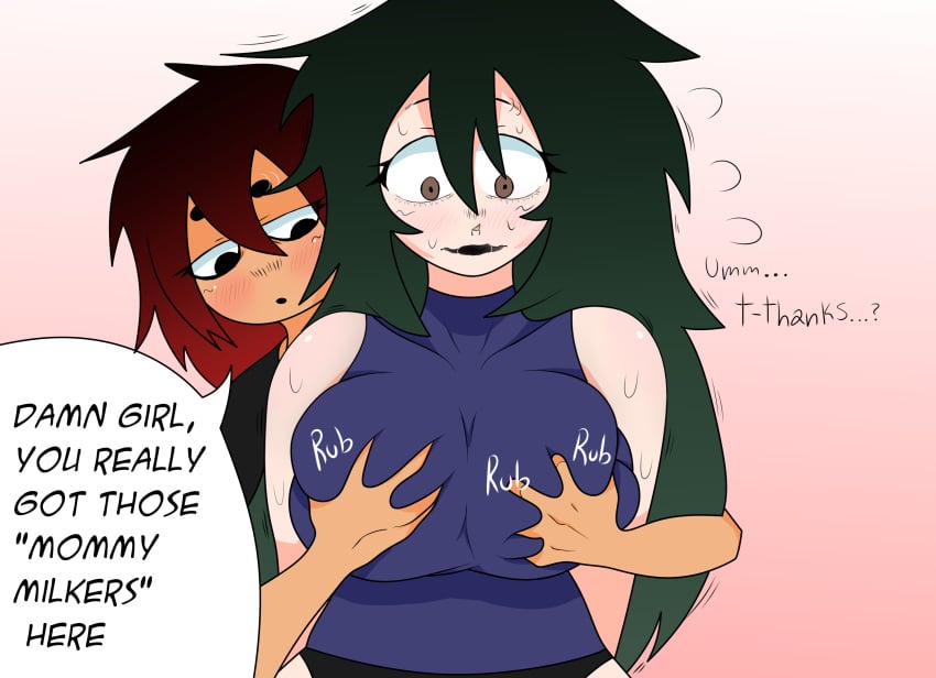 2girls big_breasts big_breasts breast_grab dark_skin dirty_talk embarrassed girl_on_girl goth goth_girl green_hair original_character original_characters piercing piercings red_hair squished_breasts white_skin