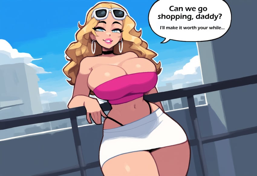 1girls ai_generated blonde_hair choker cleavage highleg hoop_earrings large_breasts light_blue_eyes long_hair looking_at_viewer midriff miniskirt navel novelai pink_lipstick solo_female speech_bubble sunglasses sunglasses_on_head text thick_thighs tube_top wavy_hair