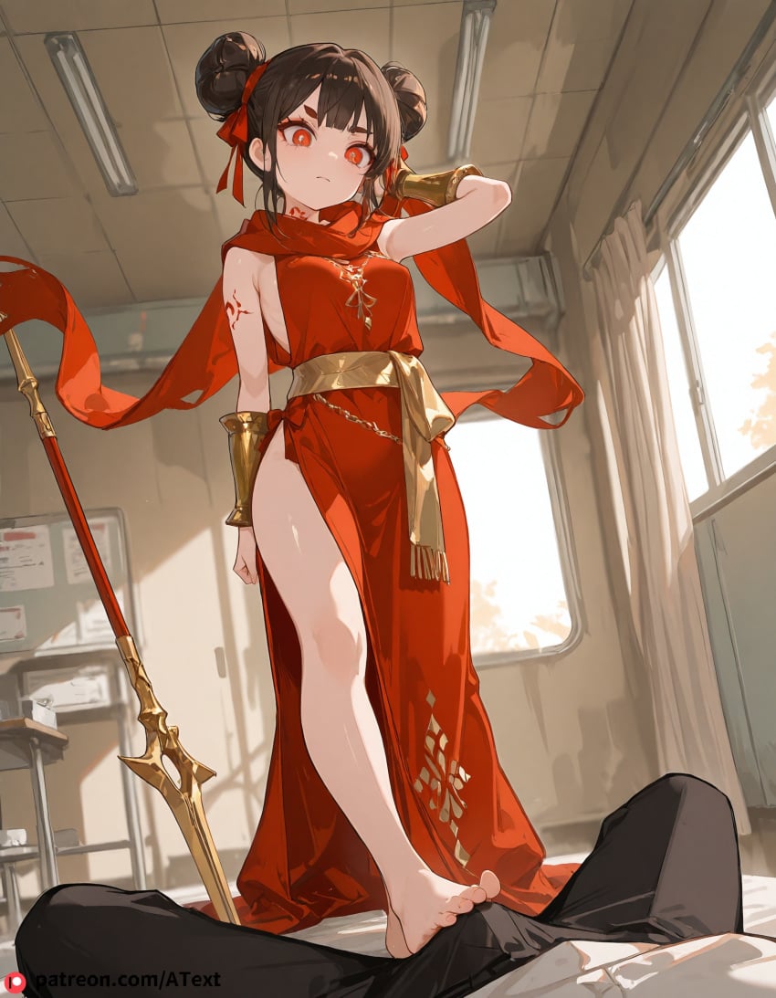 ai_generated barefoot beautfiul_background breasts fair_skin flowing_scarf footjob golden_bracers golden_sash infirmary large_breasts long_spear lotus_mark mischievous pov red_and_gold_battle_robe red_pupils red_ribbons scared sharp_brows sleeveless stunning_backgroud twin_buns young_nezha