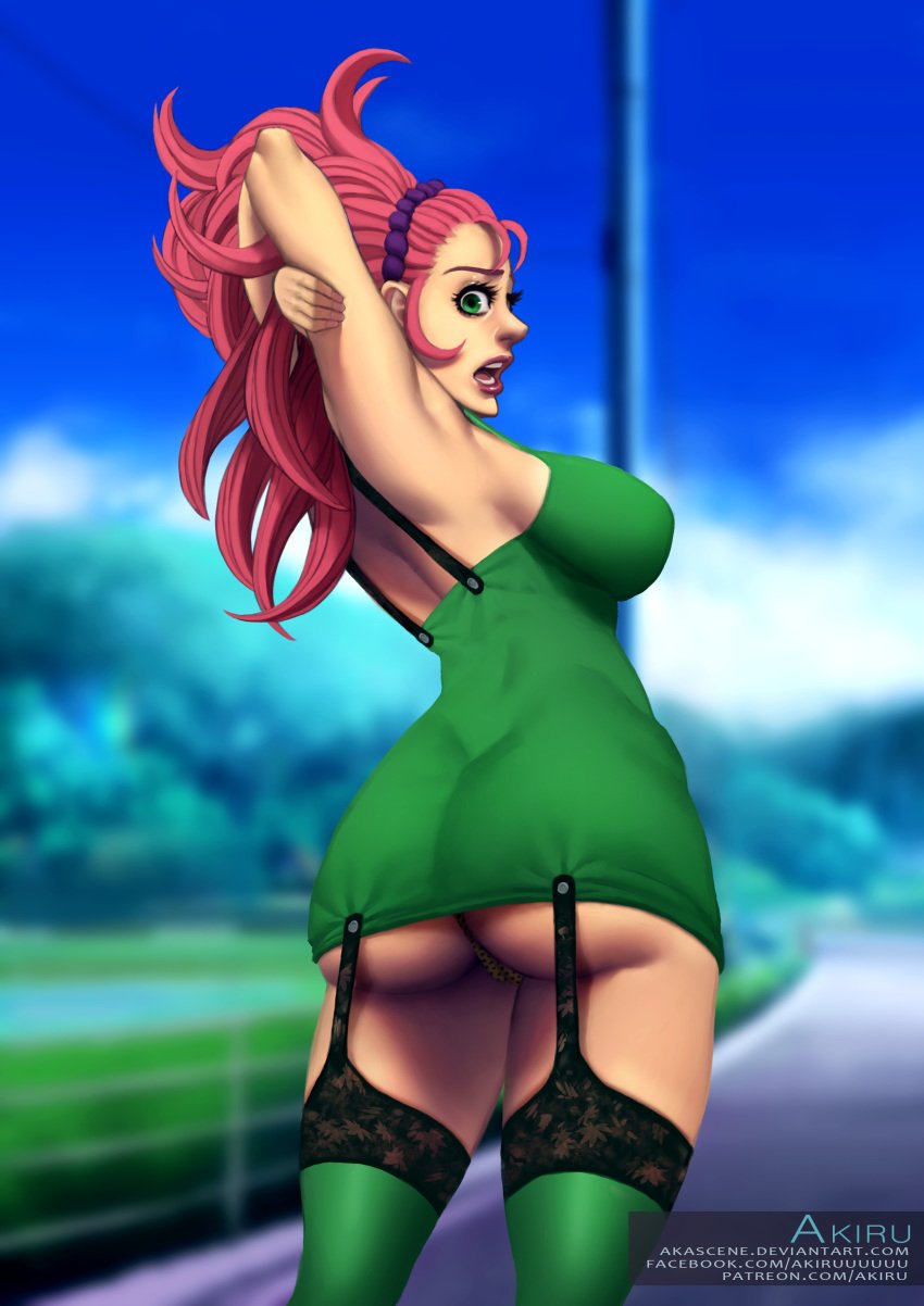 1girls 3d absurdres akiru alien alien_girl artist_name ass big_ass big_breasts breasts busty cleavage color curvy dat_ass dress female female_only garter_belt green_eyes hairband highres lingerie long_hair looking_at_viewer looking_back open_mouth red_hair round_ears solo stretching surprise surprised tenchi_muyo! thighhighs thong voluptuous washu_hakubi