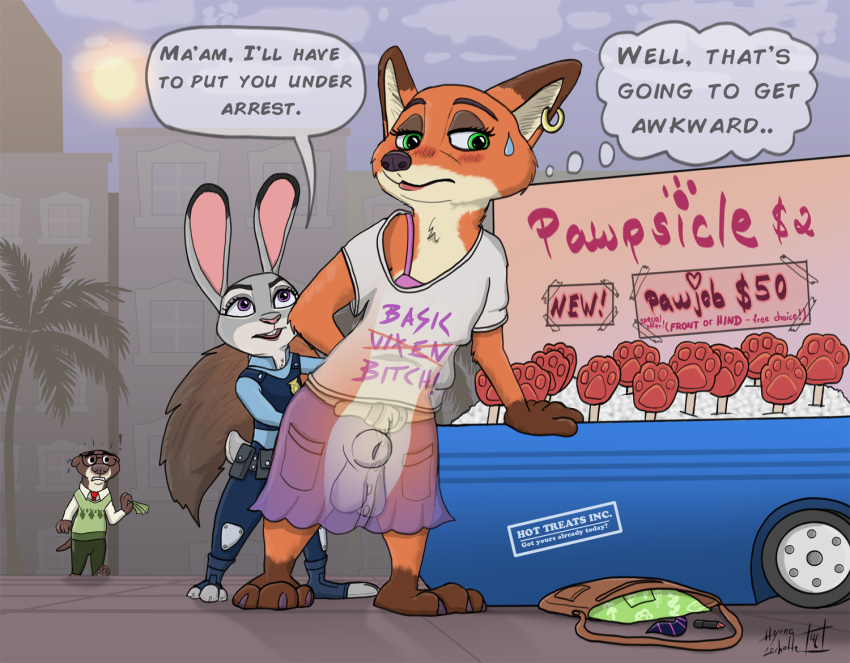 2017 anthro barefoot blush bra canine clothed clothing crossdressing digital_media_(artwork) disney emmitt_otterton female food fox fur hyenatig_(artist) judy_hopps lagomorph long_ears male male_focus mammal nick_wilde nude pawpsicle popsicle predator/prey rabbit see-through sign size_difference skirt testicles unneeded_bra zootopia