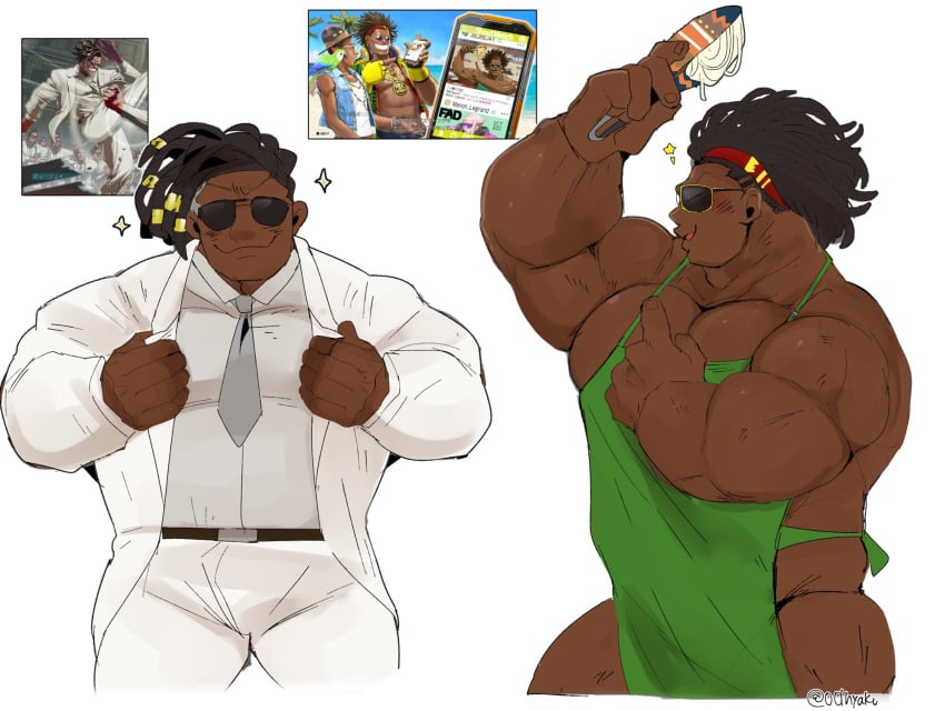 apron bara black_hair blush capcom dark-skinned_male dark_skin dee_jay hyaku_(artist) male male_only muscles muscular solo solo_male street_fighter street_fighter_6 suit sunglasses