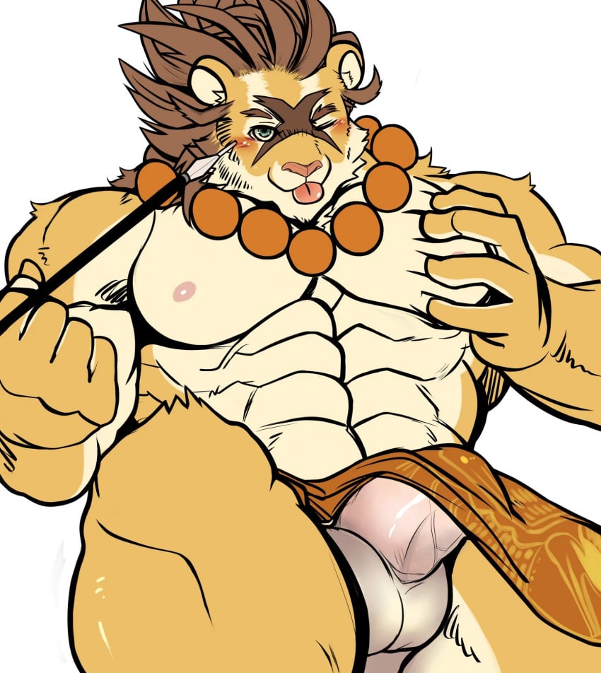 abs anthro balls blush clothed clothing colored erection feline loincloth looking_at_viewer male male_only mammal muscular pecs penis simple_background solo teasing tiger tongue tongue_out wander_crown white_background xsrwe12