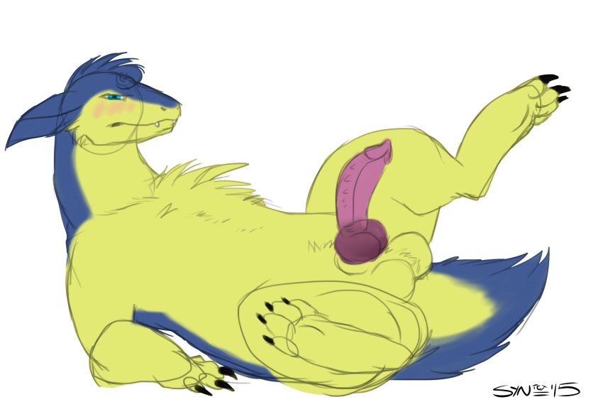 2015 alternate_version_available animal_genitalia animal_penis balls blush canine_penis chest_tuft cute_fangs digital_media_(artwork) feral fur half-erect hi_res knot legs_up looking_at_viewer lying male male_only nintendo on_back penis pokemon pokemon_(species) sheath shy side_view signature simple_background sketch solo spread_legs spreading syntex tuft typhlosion video_games