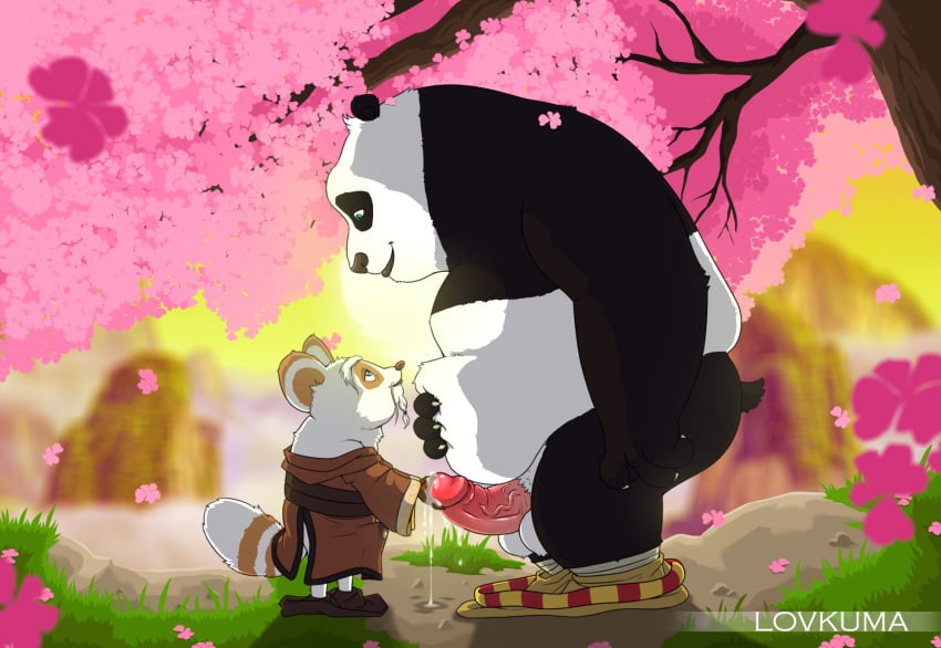 2015 anthro balls bear belly black_lips blue_eyes clothed clothing cute dreamworks duo erection eye_contact facial_hair goatee grass happy kung_fu_panda larger_male lovkuma male mammal master_shifu moustache panda pants pants_down partially_clothed penis po precum red_panda romantic size_difference slightly_chubby smaller_male smile topless tree vein veiny_penis wet_spot yaoi