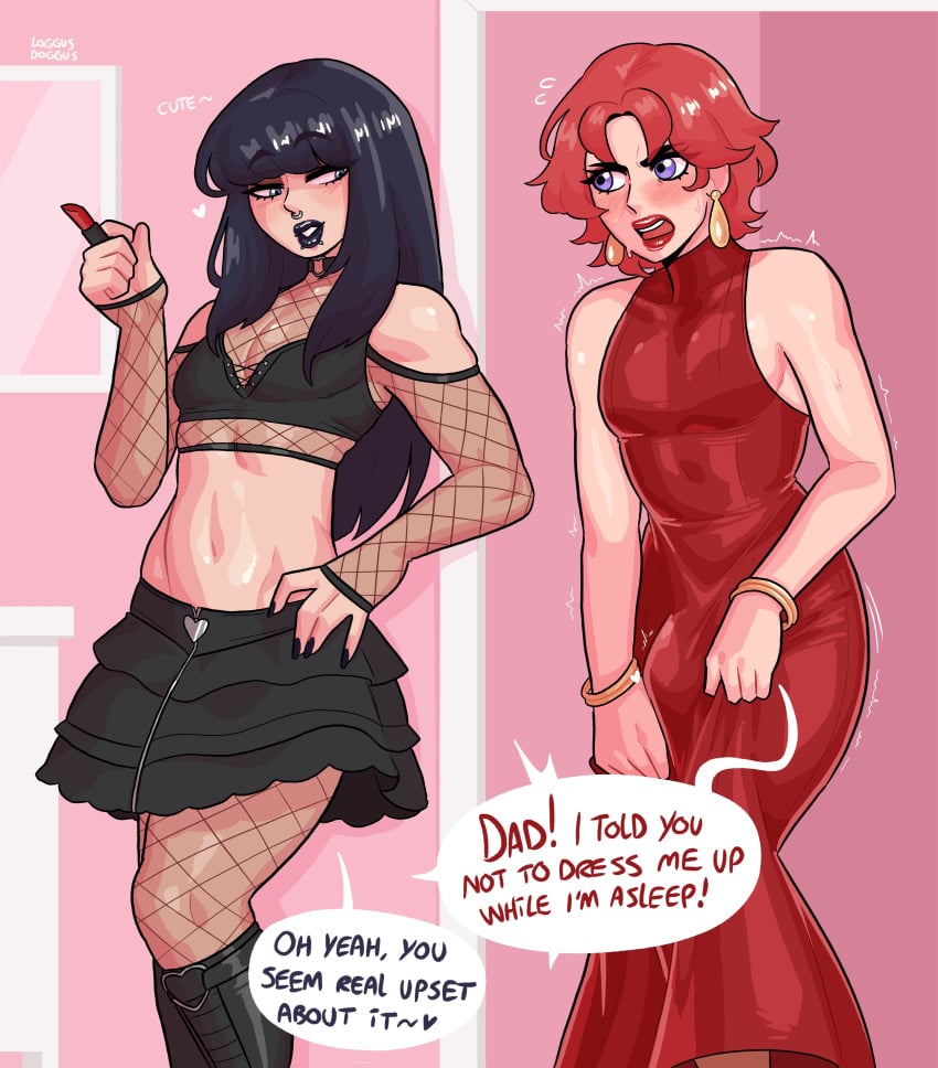2boys black_hair black_lipstick blue_eyes blush bulge crossdressing dialogue dilf dress earrings english_text father_and_son father_and_son_(lore) femboy femboy_dilf feminine_male fishnets girly goth lip_piercing loggus_doggus long_dress long_hair male male_only mature_femboy nose_ring older_male_and_younger_male purple_eyes red_dress red_hair red_lipstick skirt speech_bubble trap very_high_resolution