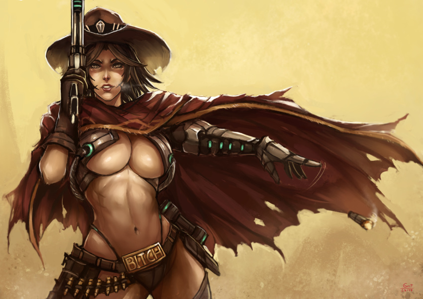 1girls adapted_costume belly belt belt_buckle blizzard_entertainment breasts brown_eyes brown_gloves brown_hair buckle bullet cape cleavage cole_cassidy cole_cassidy_(female) costume covered_breasts cowboy cowboy_hat curvaceous cyborg dated english english_text eyelashes female female_only gauntlets genderswap genderswap_(mtf) gloves gun handgun hat headwear high_resolution highleg highleg_panties hips holding_gun holding_object holding_weapon holster human kachima large_breasts legs lingerie lips lipstick long_hair looking_at_viewer makeup mechanical_arm medium_hair midriff navel overwatch overwatch_2 panties pistol poncho power_armor profanity revolver rule_63 signature solo standing stomach text thigh_holster thighhighs thighs thong underboob underwear very_high_resolution video_game visor weapon western yellow_eyes
