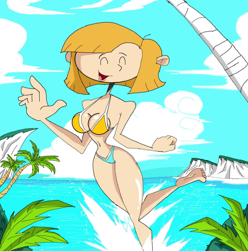 1girls aged_up arms_up bare_shoulders barefoot beach big_breasts bikini bikini_bottom bikini_top blonde_hair busty cartoon_network cleavage cliff closed_eyes codename:_kids_next_door curvy day detailed_background female female_only front_view hourglass_figure human leg_lift leg_up looking_at_viewer manic47 midriff numbuh_362 older outdoor outside rachel_mckenzie shiny shiny_skin short_hair smiling smooth_skin solo standing swimsuit tree voluptuous water wide_hips