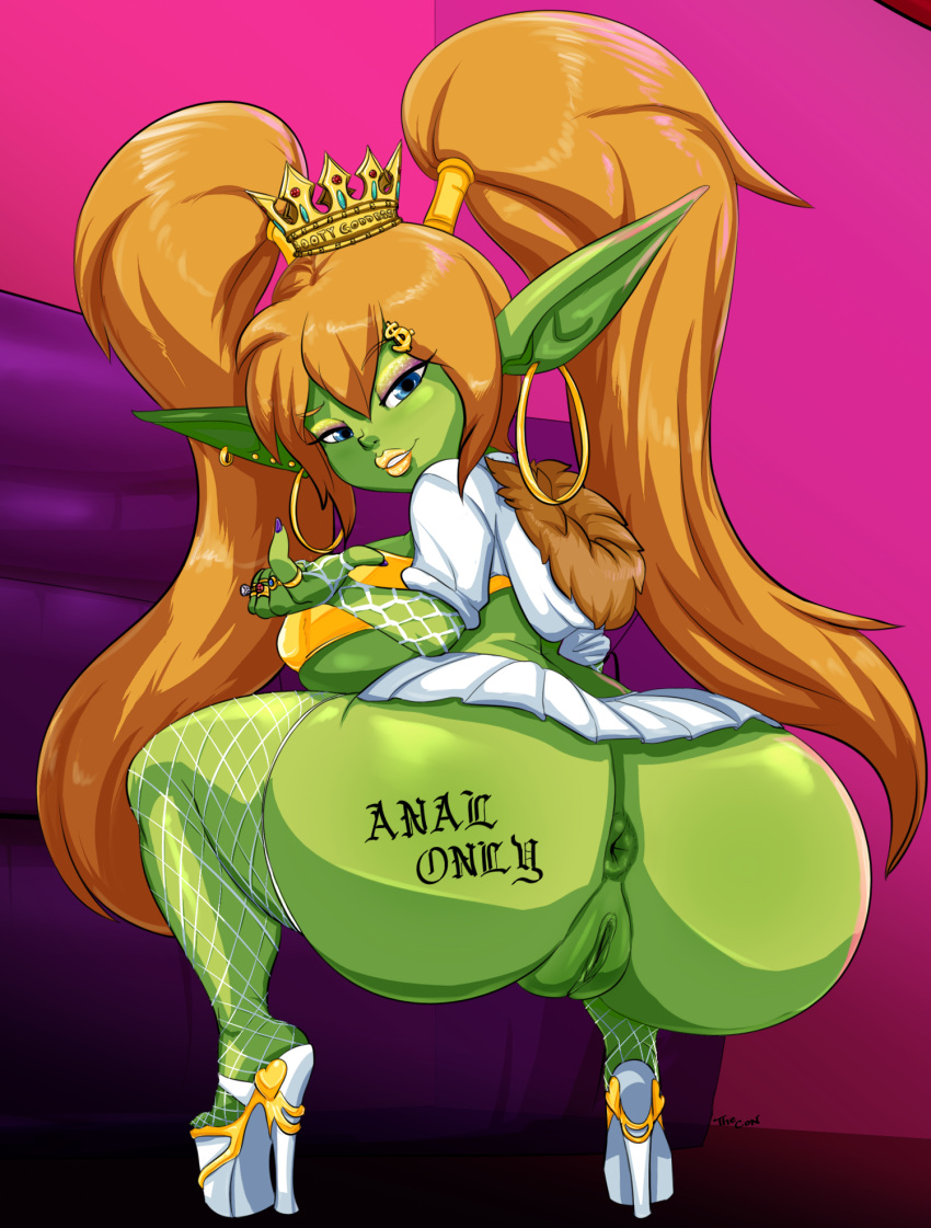 1girls 2016 anus ass big_ass bimbo blonde_hair blue_eyes bra breasts clothing crouching crown ear_piercing female female_only fishnet fishnet_stockings footwear goblin goblin_female green_pussy green_skin heart high_heels highres hoop_earrings humanoid large_breasts legwear long_hair looking_at_viewer looking_back makeup nails open_toe_shoes orange_hair piercing platform_footwear platform_heels pointy_ears presenting presenting_hindquarters pussy rear_view ring shirt shoes shortstack skirt smile solo tattoo thecon thick_thighs thighhighs trixie_hardfuse underboob underwear voluptuous yellow_lips