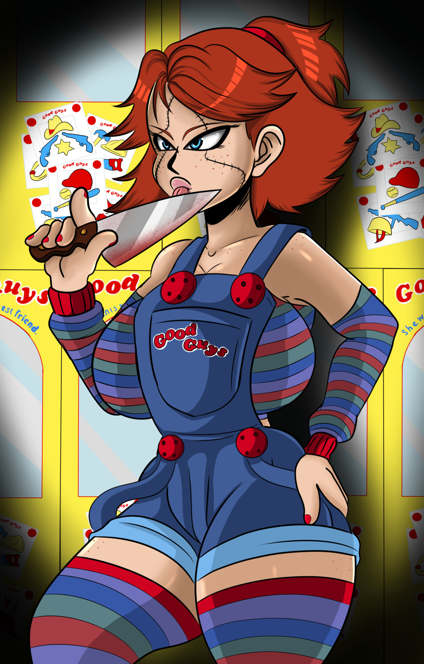 1girls big_breasts blood breasts child's_play chucky cleavage clothing doll female female_only freckles knife licking nail_polish ponytail red_hair rule_63 scars solo sonson-sensei thick_thighs weapon