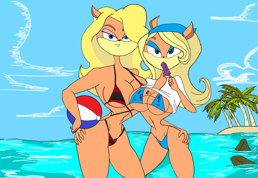 2girls animal_ears anthro arms_up bandicoot bare_shoulders beach beachball big_breasts bikini bikini_bottom bikini_top blonde_hair blue_eyes busty cleavage coco_bandicoot coco_bandicoot_(crash_of_the_titans) crash_bandicoot_(series) curvy day detailed_background erect_nipple erect_nipples eyeshadow female female_only front_view furry g-string green_eyes hairband hand_on_hips hands_on_hip hands_on_hips headscarf holding_object hourglass_figure humanoid ice_cream long_hair looking_at_viewer mammal manic47 micro_bikini midriff nipple_bulge outdoor outside pose posing rock skimpy smiling standing swimsuit tail tawna_bandicoot tree underboob video_game voluptuous water wide_hips yellow_hair