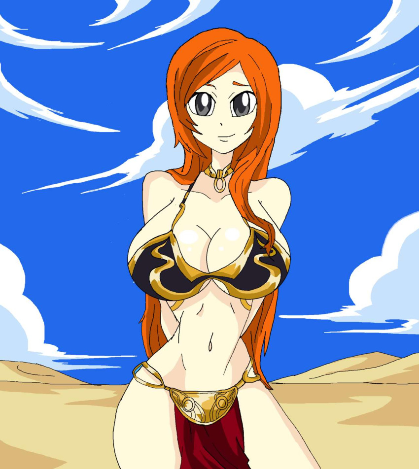 1girls arms_behind_back bare_shoulders big_breasts bikini bikini_top bleach busty cleavage cosplay crossover curvy day desert detailed_background female female_only front_view grey_eyes hands_behind_back hourglass_figure human inoue_orihime long_hair looking_at_viewer manic47 metal_bikini midriff mole orange_hair orihime_inoue outdoor outside pose posing princess_leia_organa_(cosplay) return_of_the_jedi sand sarong shiny shiny_skin slave slave_bikini slave_leia_(cosplay) solo standing star_wars very_long_hair voluptuous wide_hips