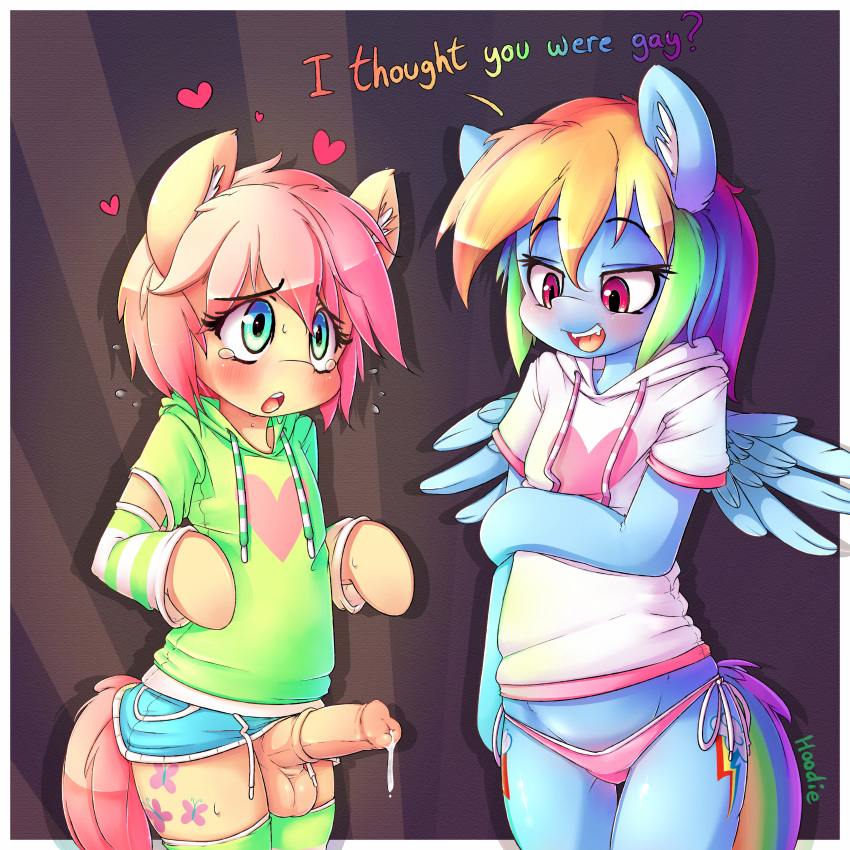 1boy 1girls animal_ears animal_genitalia anthro balls blush bottomless clothed clothing cum english english_text equine erection female female_anthro femboy femboy_on_female fluttershy_(mlp) friendship_is_magic genderswap genderswap_(ftm) girly heart hi_res hoodie hoodie_(artist) horse imminent_sex legwear male male_anthro mammal my_little_pony penis pink_hair pink_hair_male pink_tail precum rainbow_dash_(mlp) rainbow_hair rainbow_tail red_eyes red_eyes_female rule_63 straight straight_hair tail topwear underwear wings