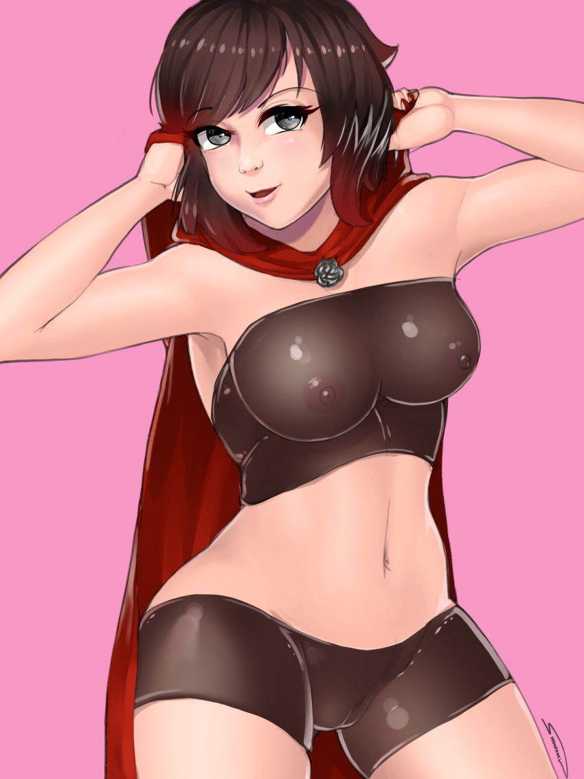 1girls areolae bandeau breasts cameltoe female female_only looking_at_viewer nipple_bulge nipples no_bra no_panties pussy revealing_clothes ruby_rose rwby see-through shonomi short_shorts shorts skimpy_clothes solo solo_female tight_clothing tube_top