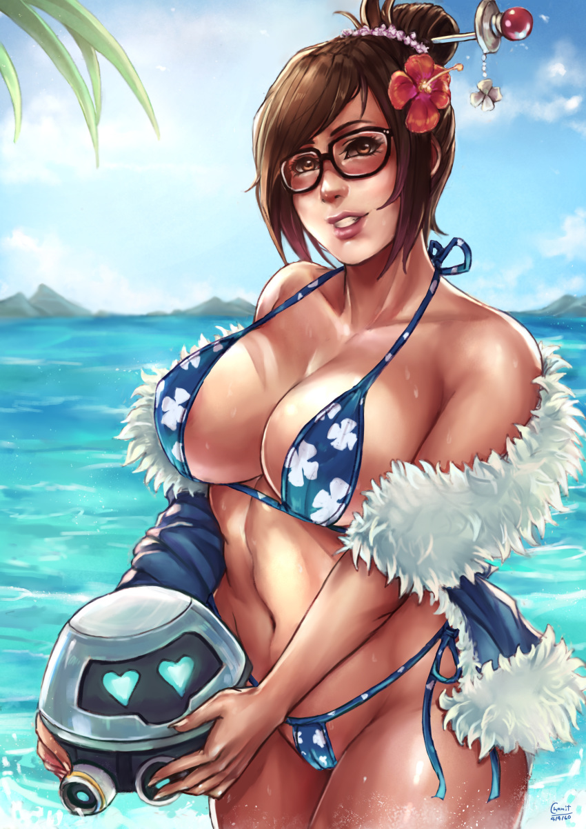 <3 -lined_jacket 1girls abs absurdres adapted_costume alternate_costume artist_name asian bangs beach beads bikini bikini_bottom bikini_top black-framed_eyewear black-framed_glasses blizzard_entertainment blue_bikini blue_jacket blue_sky blue_swimsuit breasts brown_eyes brown_hair chinese cleavage clothing coat collarbone costume curvy dated day drone eyelashes eyewear female female_only floral_print flower fur_coat fur_trim glasses hair_bun hair_flower hair_ornament hair_stick heart heart-shaped_pupils highres holding_object huge_breasts human jacket jewelry kachima large_breasts long_hair looking_at_viewer megane mei-ling_zhou mei_(overwatch) midriff nature navel nipple_bulge open_clothes open_jacket outdoors overwatch parka petite robot signature sky smile snowball_(overwatch) solo standing stomach sweat sweaty swept_bangs swimsuit symbol-shaped_pupils tied_hair water white_fur winter_coat