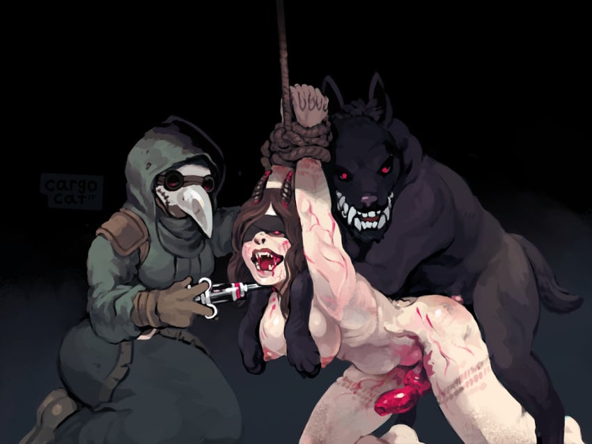 blood bondage bound canine cargocat clothing darkest_dungeon feral forced human injection knot mammal mind_control nude penis plague_doctor_(darkest_dungeon) rape tagme transformation vaginal_penetration video_games wolf zoophilia