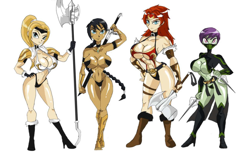 4girls alternate_version_available armband arms_up axe bare_shoulders battle_axe belt big_breasts black_gloves black_hair blonde_hair blue_eyes bracer braid braids brown_skin busty choker cleavage curvy dagger dark-skinned_female dark_skin drawing_sword female female_only footwear front_view gloves group hairband halberd hand_on_hips hands_on_hip hands_on_hips high_heel_boots high_heels holding_object hourglass_figure human humanoid knife leotard long_hair manic47 mask midriff multiple_females multiple_girls original_character pink_hair polearm ponytail purple_hair red_hair sai_(weapon) shiny shiny_skin short_hair simple_background standing sword tied_hair underboob very_long_hair voluptuous weapon white_background wide_hips yellow_hair