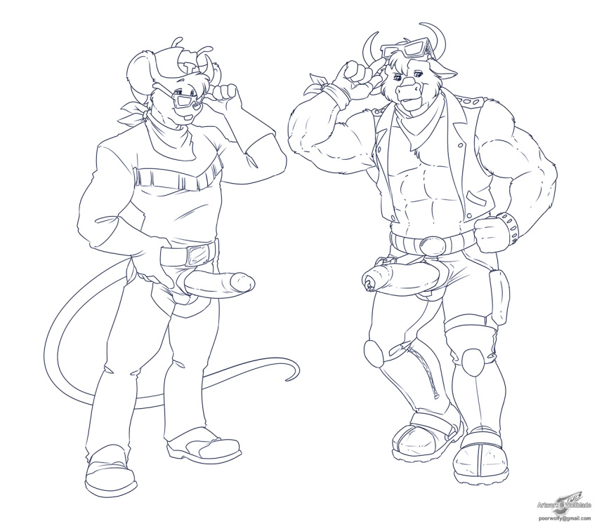 anthro biker_mice_from_mars bovine cattle clothed clothing cow crossover duo erection genital_piercing humanoid_penis looking_at_viewer male male_only mammal marshal_moo_montana mouse muscular penis penis_piercing penis_through_fly piercing poking_out prince_albert_piercing rodent smile standing throttle_(bmfm) uncut wild_west_c.o.w.-boys_of_moo_mesa wolfblade