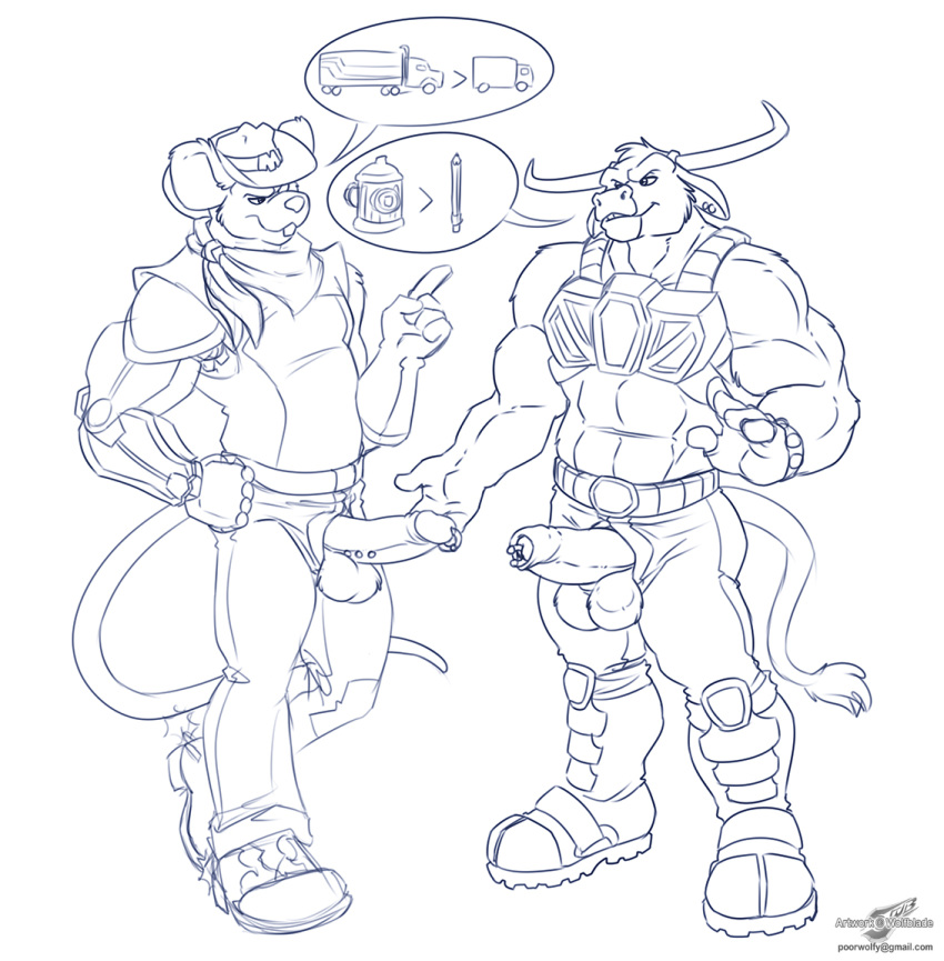 anthro balls biker_mice_from_mars bovine cattle clothed clothing crossover duo erection genital_piercing humanoid_penis line_art male male_only mammal modo_(bmfm) monochrome mouse muscular penis penis_piercing penis_through_fly piercing poking_out prince_albert_piercing purple_theme rodent standing the_dakota_dude uncut wild_west_c.o.w.-boys_of_moo_mesa wolfblade