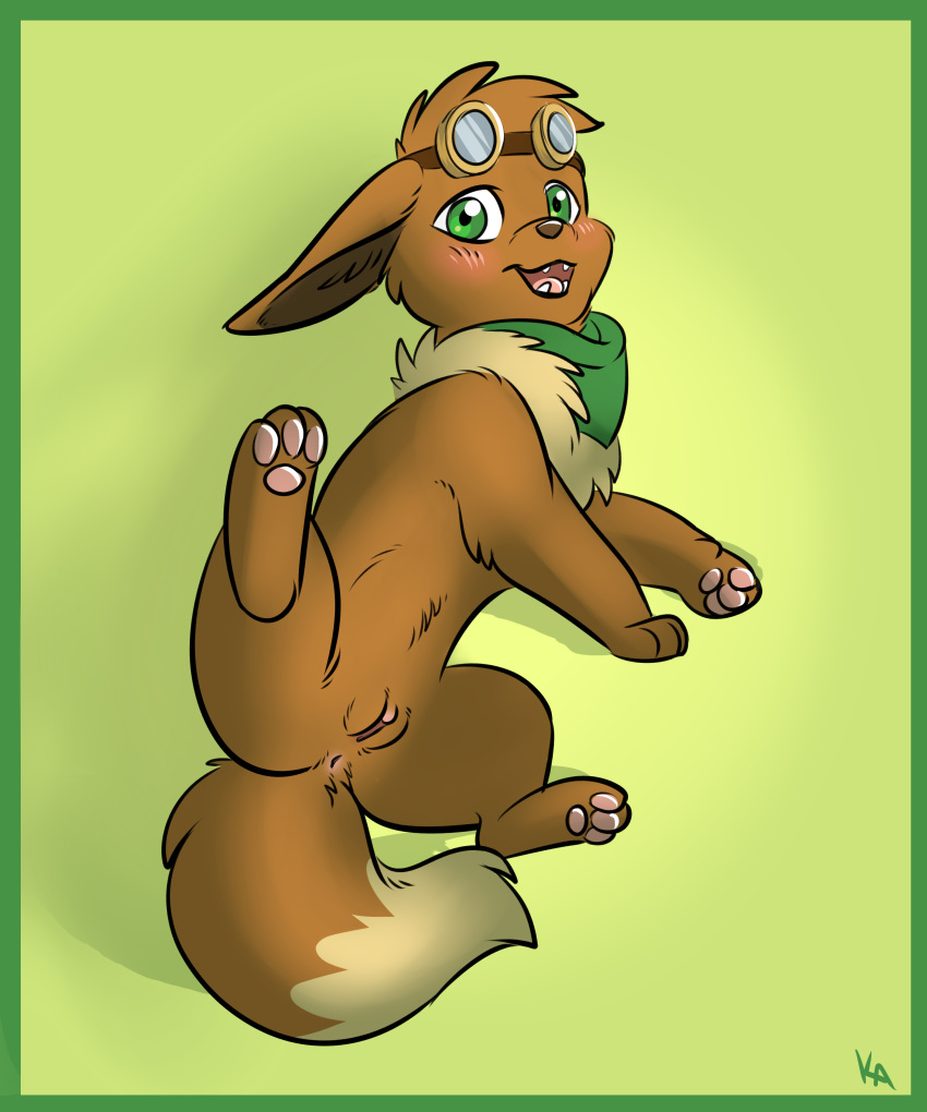 1girls 2017 anus ass blush brown_fur canine digital_media_(artwork) eevee female female_only feral front_view full-length_portrait fur furry furry_only green_background green_border kimbasnowpaw looking_at_viewer mammal nintendo no_nipples open_mouth original_character paws pokemon portrait presenting presenting_anus presenting_pussy pussy shaded simple_background smile solo tail video_games