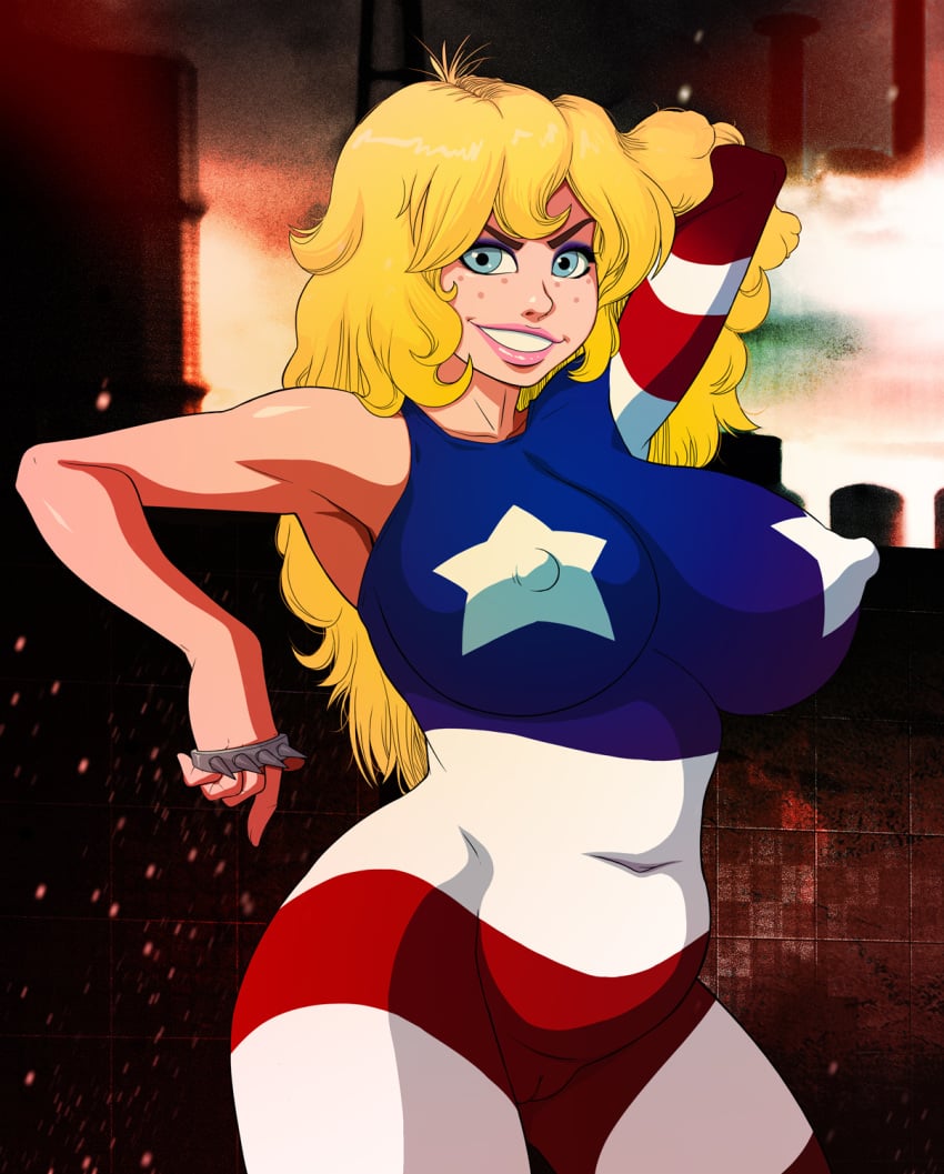 1girls blonde_hair blue_eyes breasts cameltoe coonskin erect_nipples female female_only freckles looking_at_viewer miss_america_(coonskin) navel skin_tight smile solo triplexmile