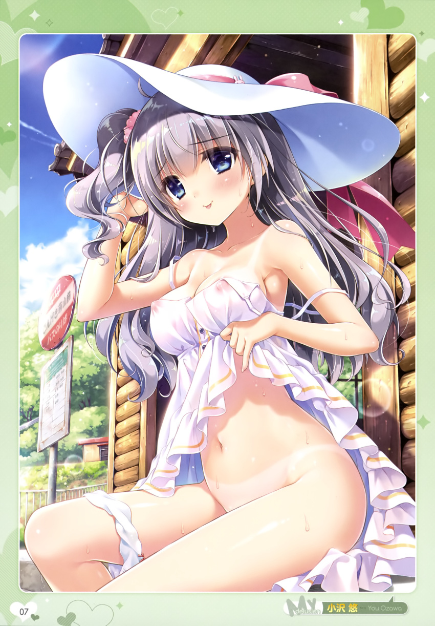 :p absurdres areolae blue_eyes blush breasts covered_nipples day dress dress_lift eyebrows_visible_through_hair female grey_hair hand_on_headwear hat highres medium_breasts navel one_side_up outdoors ozawa_yuu panties panties_around_one_leg pointy_chin scan see-through sitting solo strap_slip sun_hat sundress sweat tan tanline tongue tongue_out underwear white_dress white_panties