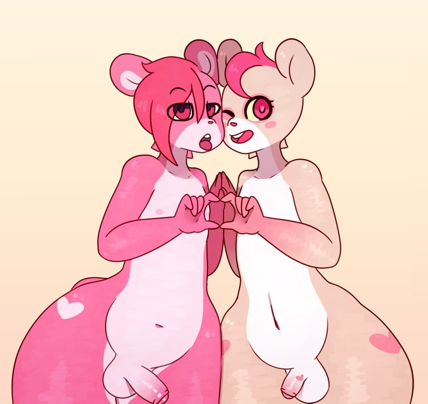 2016 anthro balls bear blush canine duo erection front_view fur girly hair half-closed_eyes heart hi_res humanoid_penis looking_at_viewer male mammal multicolored_fur navel nipples nude one_eye_closed open_mouth partially_retracted_foreskin penis pink_fur pink_hair pose simple_background small_penis smile somescrub standing strawbeary_j strawberry_shortcake_(bear) teeth tongue tongue_out two_tone_fur uncut white_fur wide_hips wink