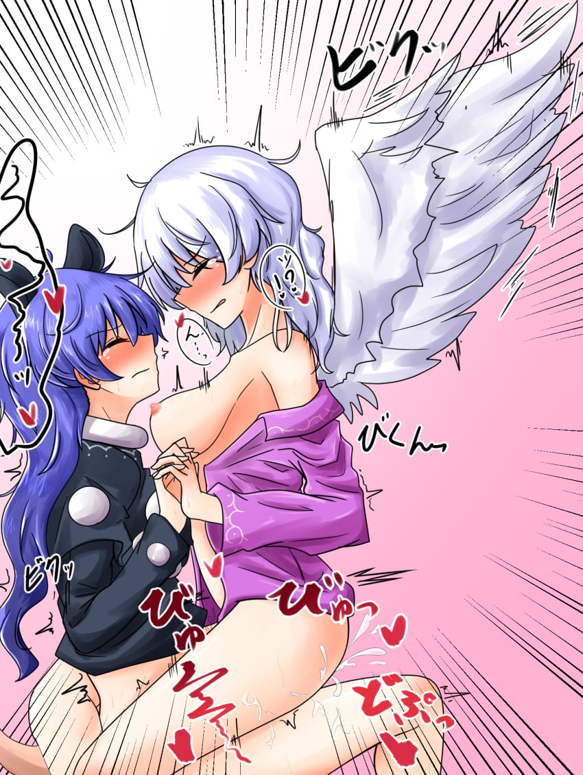 2girls angel_wings breasts cowgirl_position doremy_sweet futa_on_female futanari intersex long_hair multiple_girls oshiaki sagume_kishin touhou wings