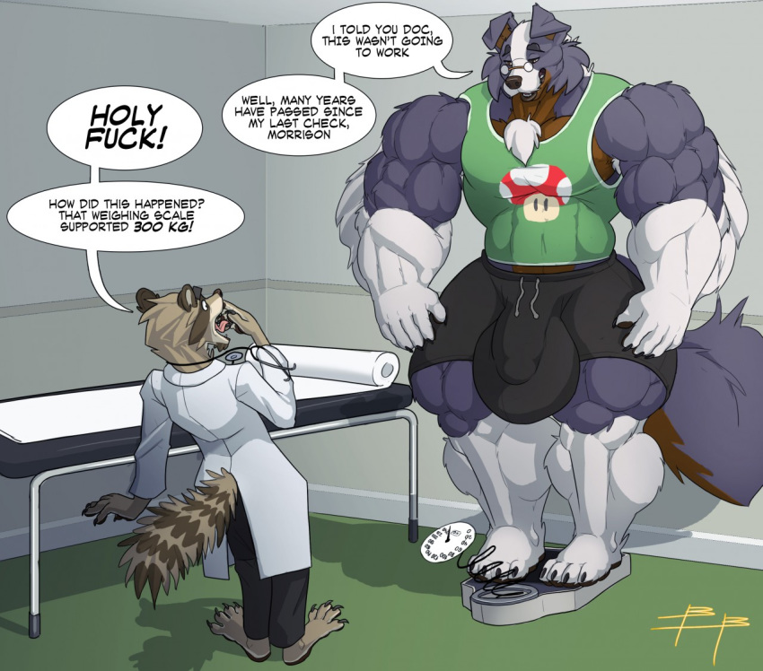 2boys anthro blueblaster bulge canine coat doctor english_text fur furry furry_only huge_bulge huge_muscles hyper hyper_muscles male male_only mammal muscular muscular_male penis_outline raccoon stethoscope