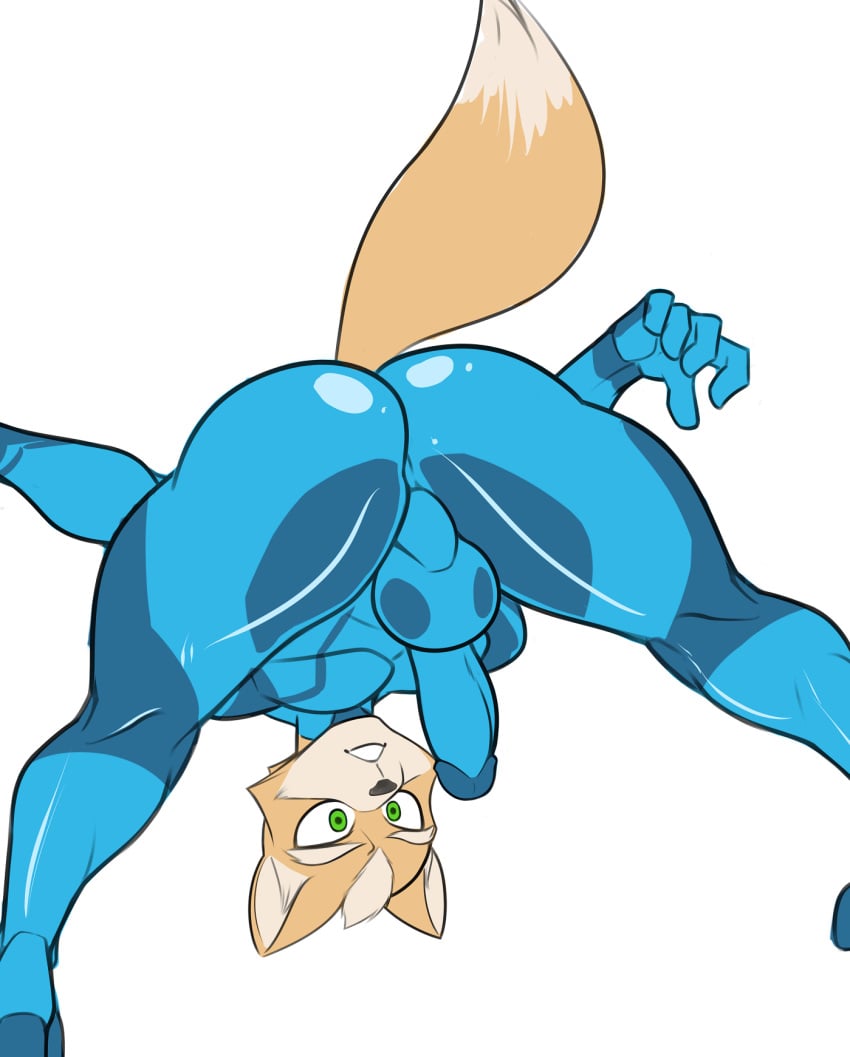 1boy anthro ass balls bent_over bodysuit bulge canine crossdressing erection erection_under_clothes fox fox_mccloud green_eyes hi_res humanoid_penis looking_back male male_only mammal metroid nintendo penis penis_outline rokiloki simple_background solo star_fox video_games white_background zero_suit zero_suit_fox