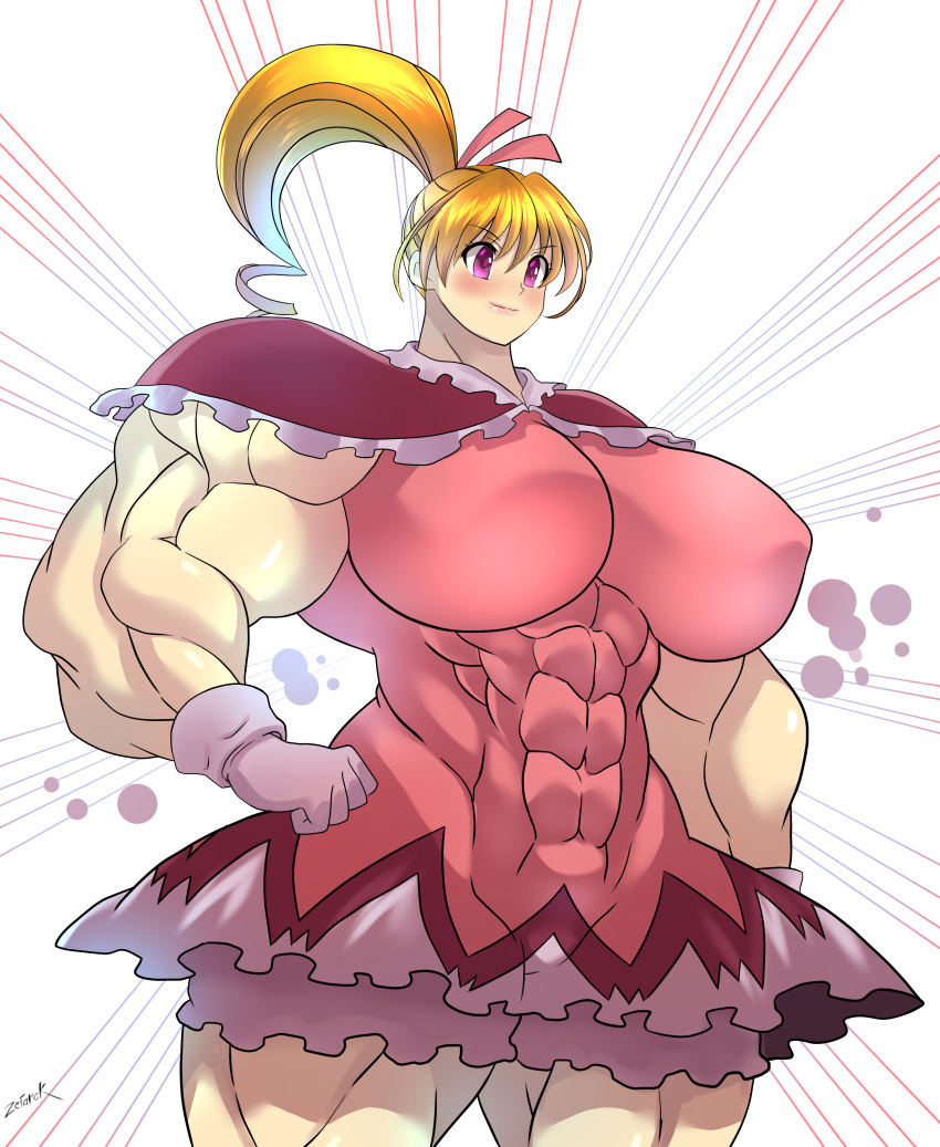 1girls abs alternate_breast_size biscuit_krueger blonde_hair blush breasts elee0228 extreme_muscles female huge_breasts hunter_x_hunter muscle muscular_female purple_eyes thick_thighs zetarok