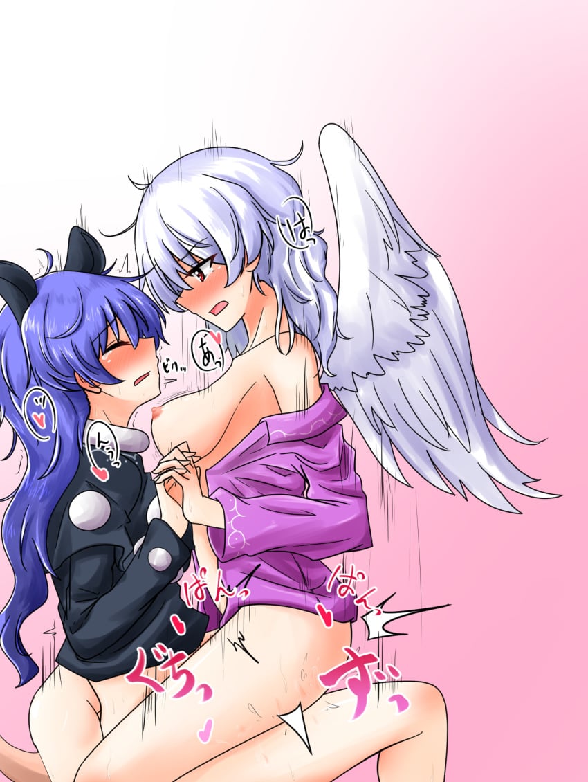 2girls angel_wings breasts cowgirl_position doremy_sweet futa_on_female futanari intersex long_hair multiple_girls oshiaki sagume_kishin touhou wings