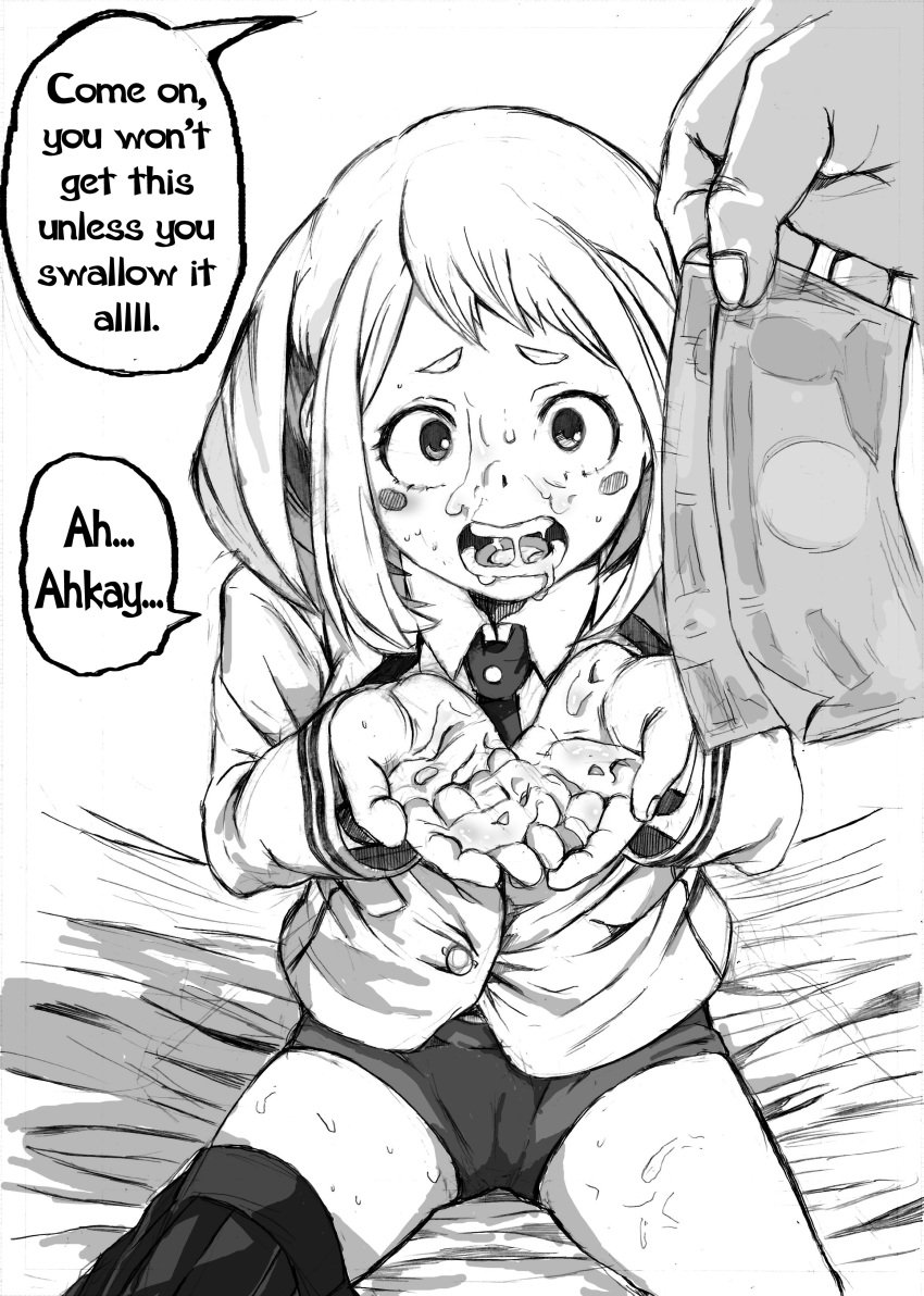 1boy 1girls absurdres blush comic compensated_molestation cum cum_in_hands cum_in_mouth cum_on_face cupping_hands english_text facial female greyscale highres money monochrome my_hero_academia ochako_uraraka prostitution terasu_mc translated