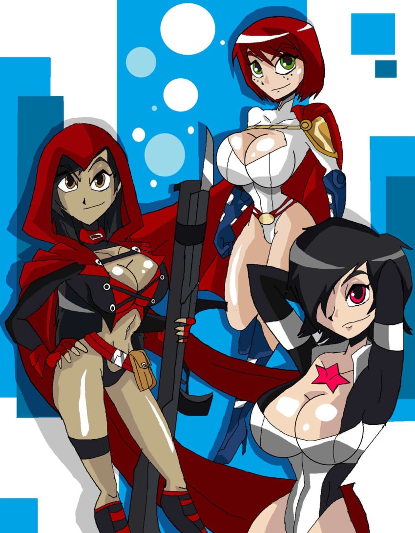 3girls armband arms_behind_head arms_up atlee atlee_(cosplay) bare_shoulders bayonet belt big_breasts black_hair bob_cut boots breasts brown_eyes busty cape choker cleavage cleavage_cutout cosplay curvy dc dc_comics detailed_background female female_only fingerless_gloves freckles front_view gloves green_eyes group gun hair_over_one_eye hand_behind_head hand_on_hips hands_behind_head hands_on_hip hands_on_hips high_heel_boots high_heels holding_object hood hourglass_figure huge_breasts human karen_starr large_breasts legband leotard looking_at_viewer manic47 midriff multiple_girls necklace original_character original_characters power_girl power_girl_(cosplay) red_eyes red_gloves red_hair rifle shiny shiny_skin short_hair shoulder_pads standing superheroine voluptuous weapon white_leotard wide_hips