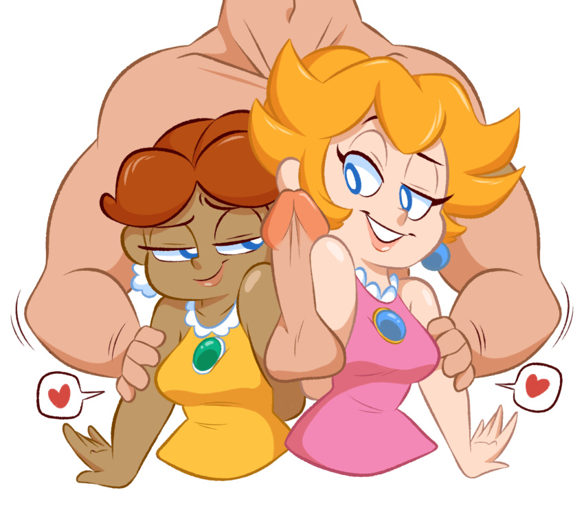 1boy 2girls blonde_hair blue_eyes dark_skin davidbaronart earrings goopbloop goopygear heart lips mario_(series) mario_tennis multiple_girls nintendo penis princess_daisy princess_peach shoulderjob unseen_male_face