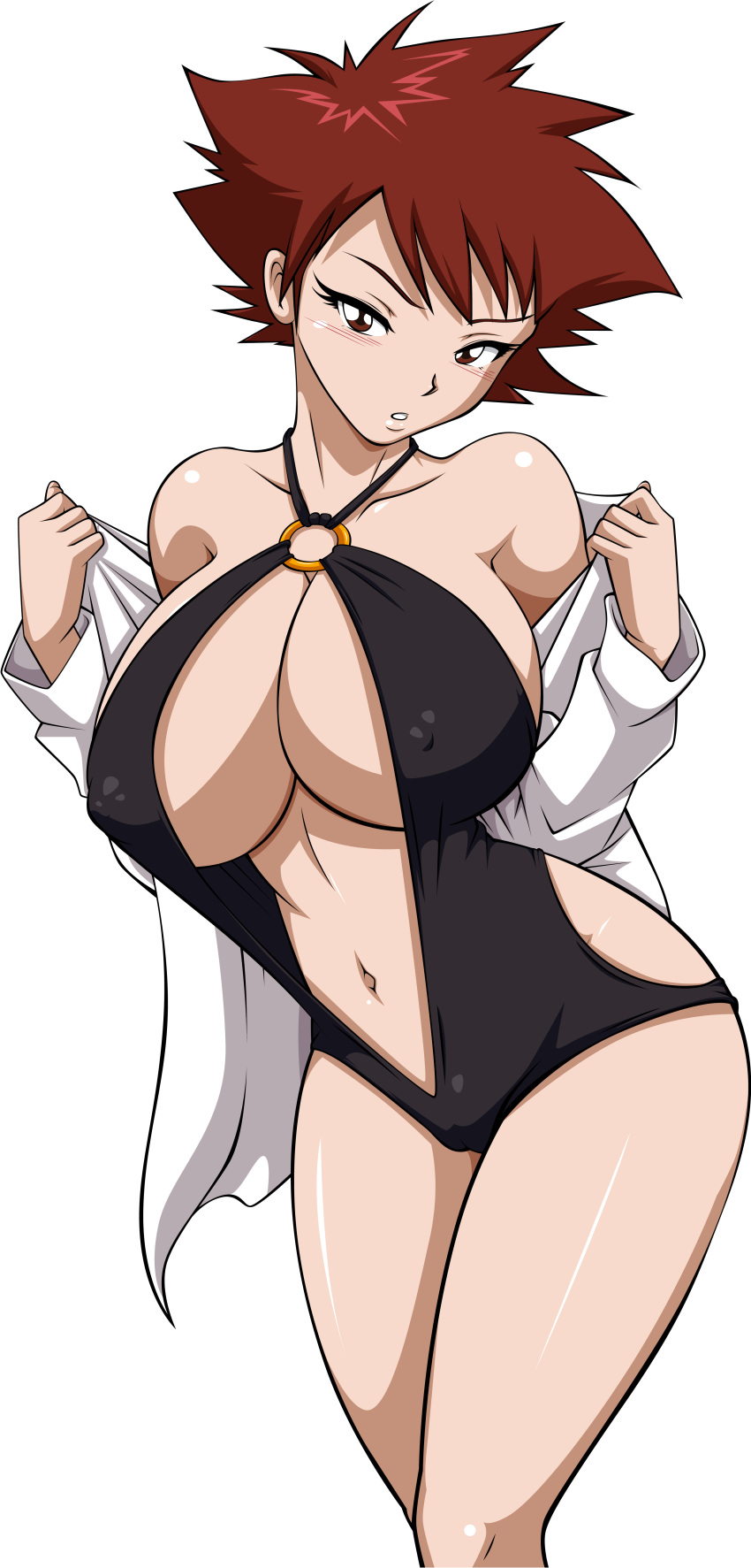 ale-mangekyo alternate_body_type alternate_breast_size alternate_costume auburn_hair bare_shoulders black_swimsuit blush breasts brown_eyes brown_hair cameltoe cleavage cleavage_cutout clothed clothed_female clothing covered_nipples cutout digimon digimon_adventure_02 eyelashes eyes female female_focus female_only highres jun_motomiya large_breasts looking_at_viewer navel nipples nipples_visible_through_clothing one-piece_swimsuit short_hair solo spiky_hair swimsuit thick_thighs thigh_gap thighs undressing