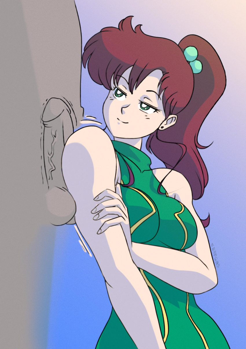 1boy bishoujo_senshi_sailor_moon brown_hair clothing female green_eyes makoto_kino penis ponytail senfgas small_breasts uncensored