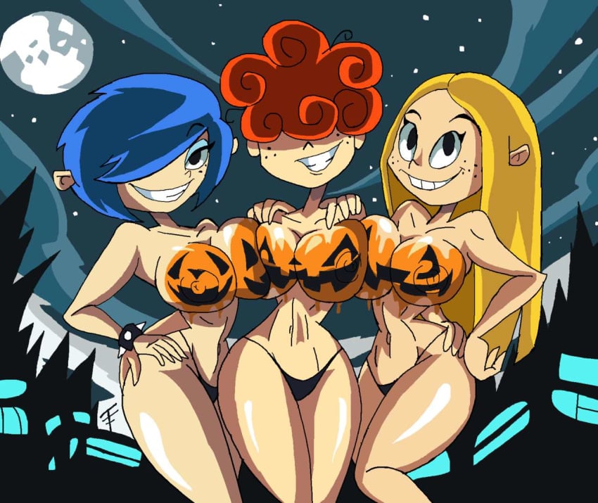 3girls aged_up bare_shoulders big_breasts bikini_bottom black_eyes blonde_hair blue_hair body_paint bracelet breast_press busty cartoon_network cleavage clenched_teeth curly_hair curvy detailed_background ed_edd_n_eddy erect_nipple erect_nipples female female_only freckles front_view g-string group hair_over_one_eye half-dressed half_dressed halloween hand_on_hips hands_on_hip hands_on_hips hourglass_figure human kanker_sisters lee_kanker long_hair looking_at_viewer manic47 marie_kanker may_kanker midriff moon multiple_females multiple_girls night no_bra older orange_hair outdoor outside pose posing pumpkin_boobs shiny shiny_skin short_hair siblings sister sisters smiling spiked_bracelet spikes standing topless tree voluptuous wide_hips yellow_hair yuri