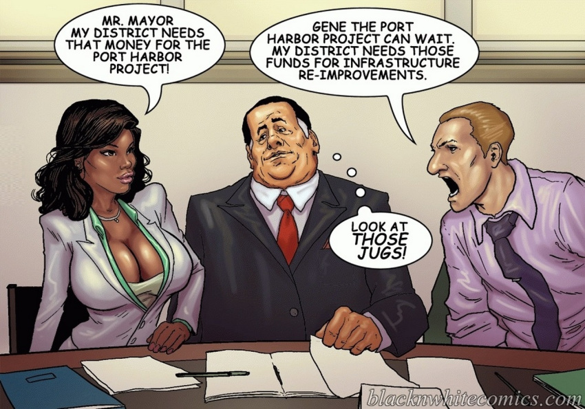 1girls 2017 big_breasts black_'n'_white_comics blacknwhitecomics brown_hair cleavage comic dark-skinned_female dark_skin dialogue english_text female huge_breasts human human_only interracial light-skinned_male light_skin male mayor_white straight_hair tanya_jackson the_mayor ugly_man watermark yair