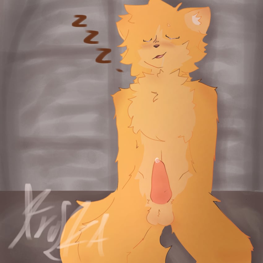 anthro cat_boy catte_(kaiju_paradise) feline kaiju_paradise no_humans precum precum_on_penis sleeping tagme