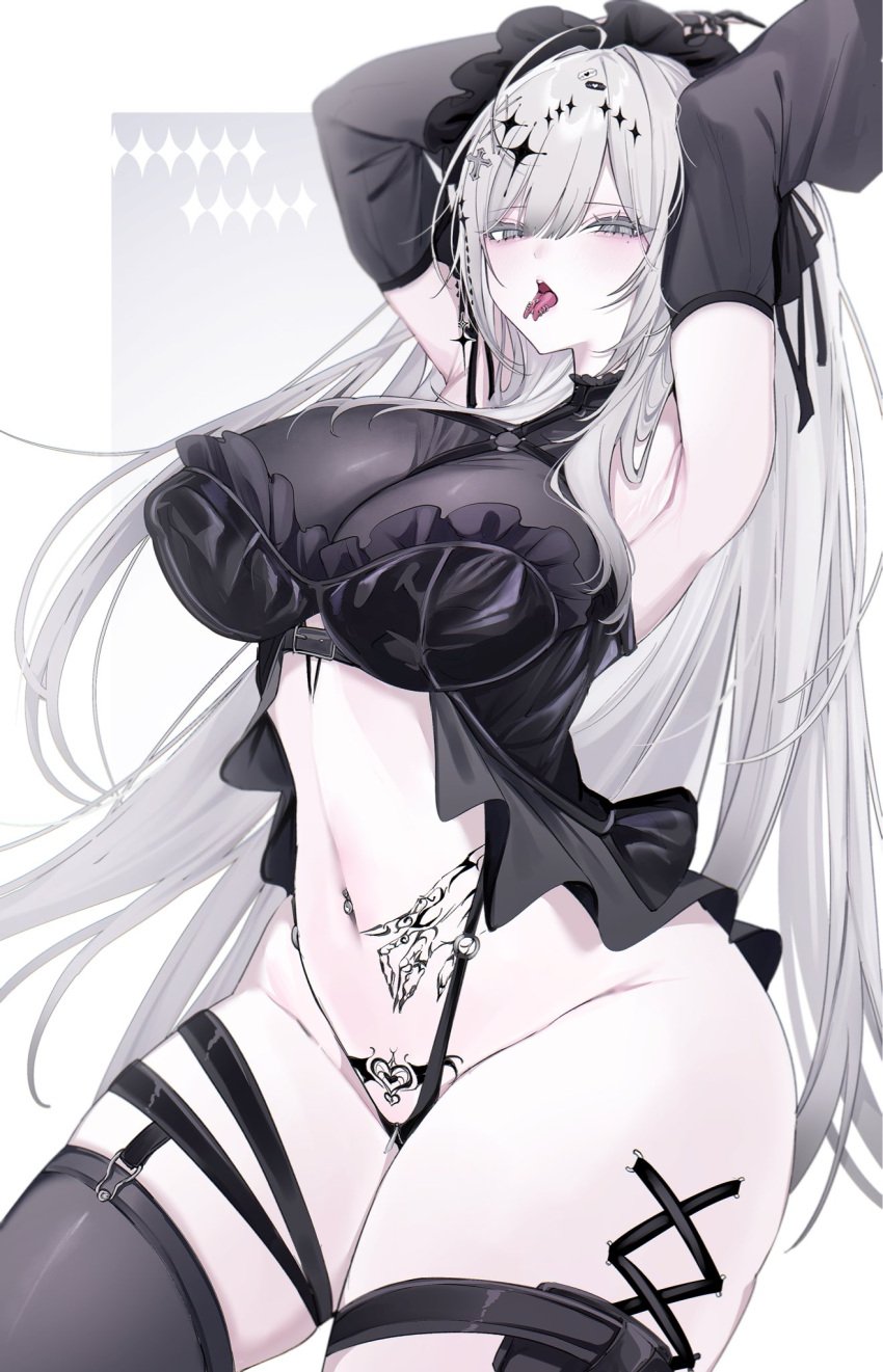 1girls anoyo_(anoyode0) armpits arms_up bare_thighs black_camisole black_panties black_sleeves black_thighhighs breasts camisole chest_harness cross_hair_ornament detached_sleeves female female female_only forked_tongue grey_eyes grey_hair groin hair_ornament harness highres large_breasts long_hair navel navel_piercing original panties piercing pubic_tattoo sleeves_past_wrists solo sparkle_hair_ornament stomach_tattoo tattoo thick_thighs thigh_strap thighhighs thighs tongue tongue_out tongue_piercing underwear white_background zipper_panties zipper_pull_tab