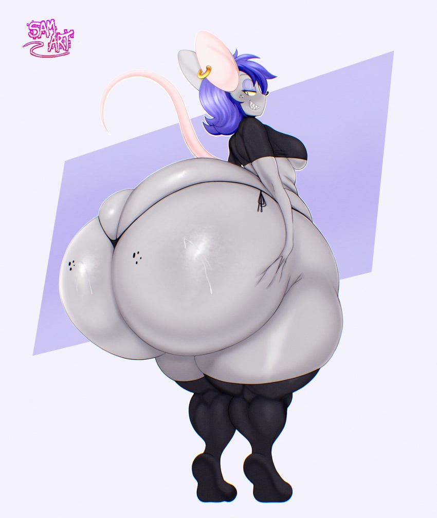 1girls alternate_version_available ass_bigger_than_head ass_bigger_than_torso bursting_butt fat_ass furry grin grinning hyper hyper_ass looking_back massive_ass mouse_girl mouse_humanoid samueld sinking_grip solo_female tagme