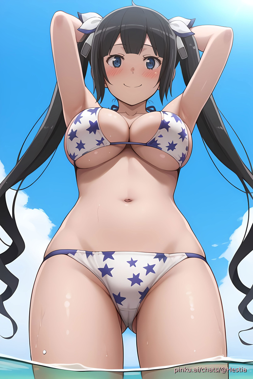 ai_generated aichat beach bikini breasts candid cute danmachi ecchi female girl hestia_(danmachi) pinku pinku.ai pinkuai sexy