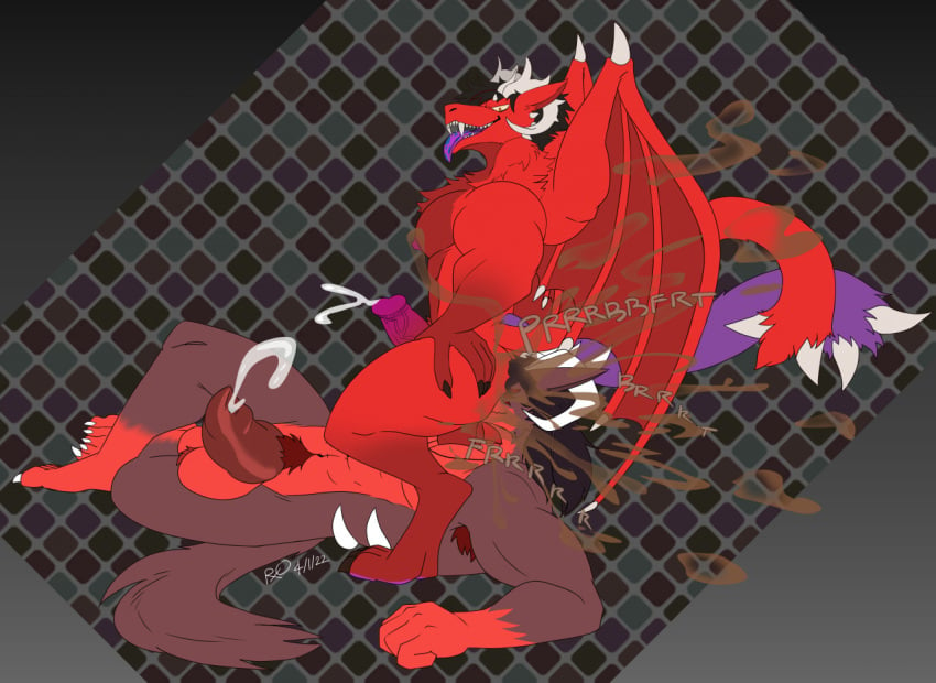 anthro bodily_fluids claws cum cumshot demon dragon duo ejaculation fart fart_fetish fart_sniffing farting_on_another farting_on_face gassy genital_fluids genitals horn lying male male/male mythological_creature mythological_scalie mythology neltas_(neltas) on_back penis raised_tail red_body rxq scalie smelly sniffing stinkface tail tongue tongue_out wings