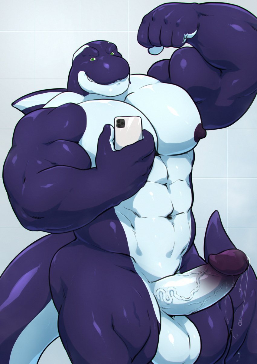 abs anthro_orca balls bicep big_balls big_boner big_muscles big_muscular_body big_penis black_glans blue_and_light_blue_skin breasts camera chunky_muscles cum cumming deckar deckarorca flexing grisser huge_muscles light_blue_balls mirror_selfie muscles naked pecs posing_for_camera proud_face taking_picture