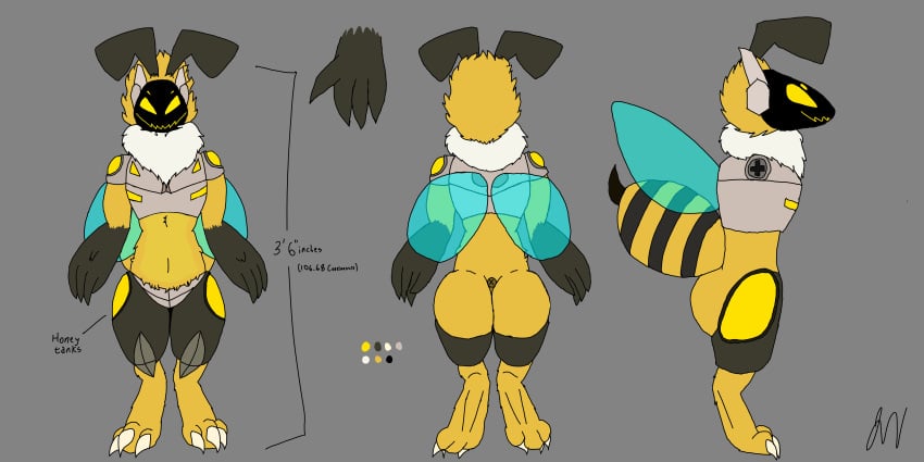 abdomen antennae antennae_(anatomy) ass bee bee_abdomen brown_hands brown_legs chestplate crotch_plate jasminehan joe_the_femboy_bee protogen reference_sheet stinger stinger_(anatomy) toe_claws white_fur white_neck_tuft wings yellow_eyes yellow_fur yellow_legs yellow_light yellow_mouth